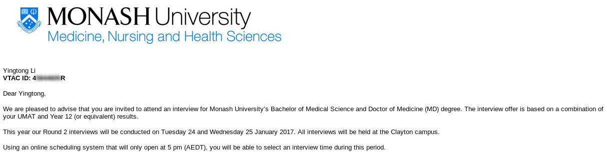 Monash interview offer