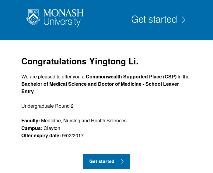 Monash offer email