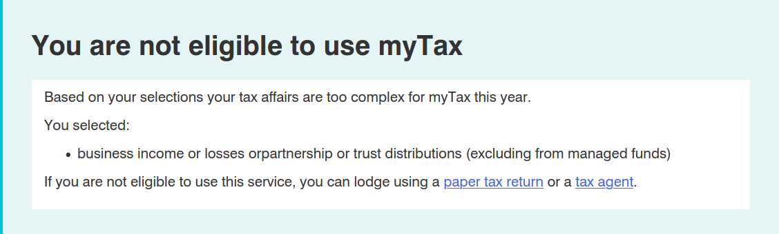 Ineligible to lodge using myTax